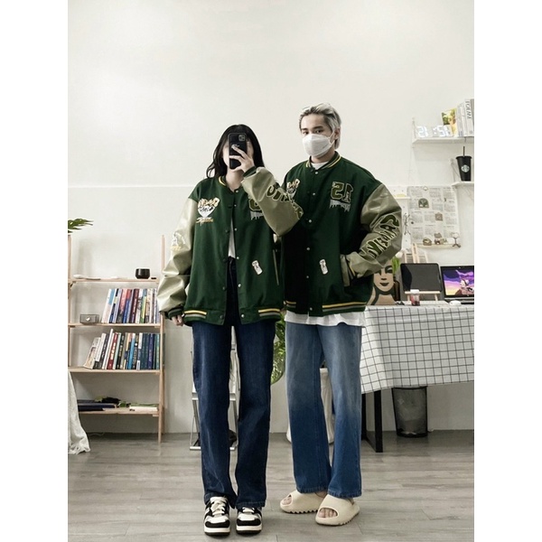 ÁO BOMBER KAKI THÊU PHỐI TAY DA FORM UNISEX NAM NỮ