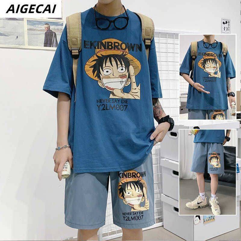 Summer In Anime Thể thao Set Men Tide Mã lớn Tay áo ngắn Áo thun Quần short Quần short nam phù hợp