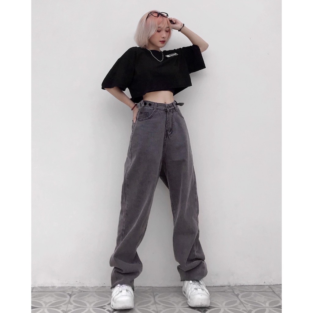 Quần jean nữ ống rộng lưng cao dáng suông xám (ẢNH THẬT) | BigBuy360 - bigbuy360.vn