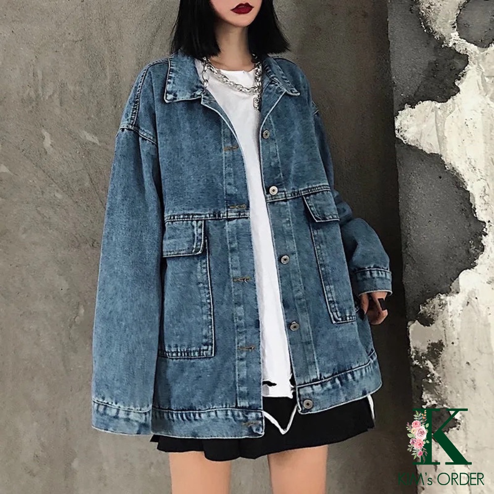 Áo khoác jean nữ màu xanh và đen dài tay phom rộng cổ sơ mi Unisex phong cách Ulzzang Hàn Quốc cá tính cho nam chất đẹp