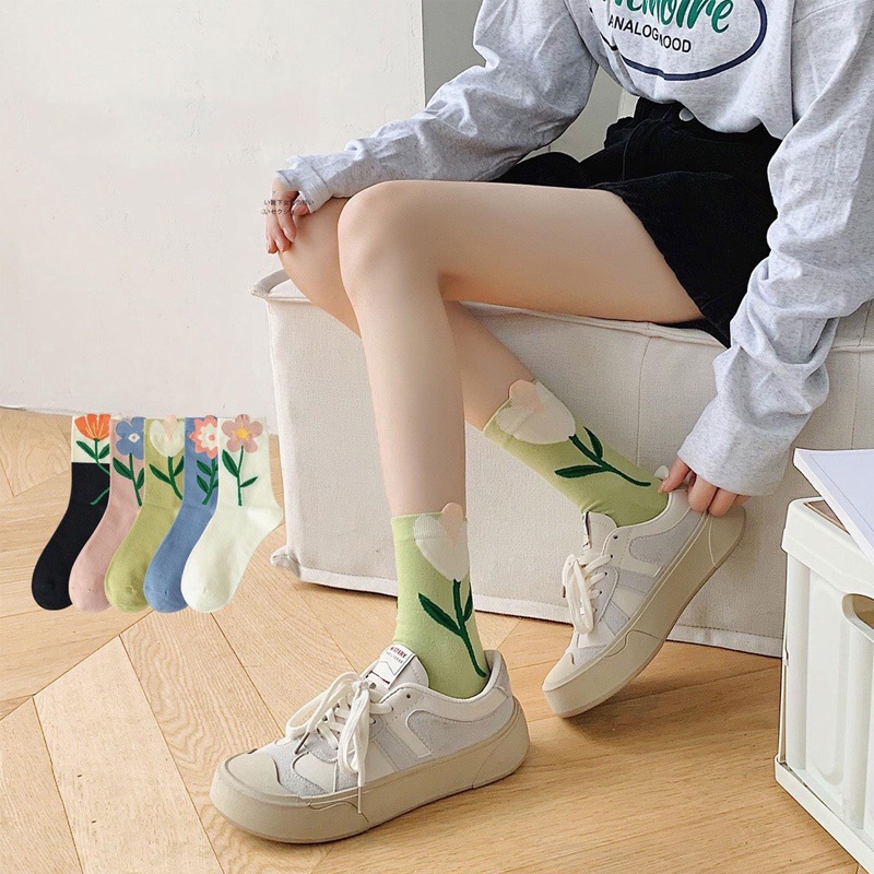 Tất vớ nữ cổ cao in họa tiết bông hoa, cỏ may mắn phong cách Hàn Quốc chất Cotton mềm mịn thấm hút mồ hôi cực tốt TD048