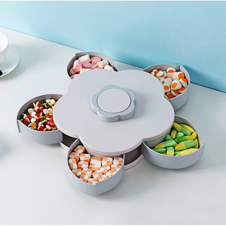 Khay Mứt Cánh Hoa Xoay 5 Ngăn Kiêm Giá Đỡ Điện Thoại + Tặng Kèm 10 Bao Li xì
