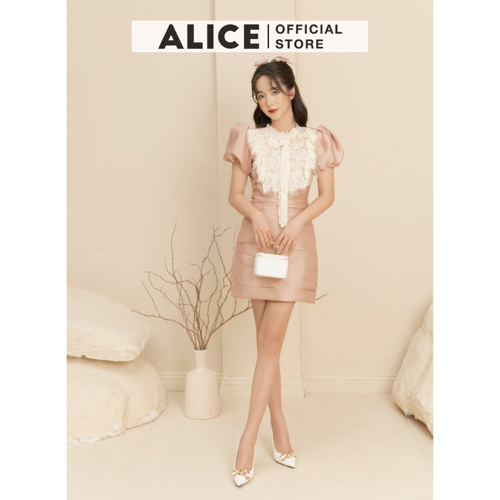 Váy Tiểu Thư Tafta Tay Bồng Cổ Phối Ren ALICE Thiết Kế Ôm Eo Tôn Dáng Phối Nơ Cổ V778