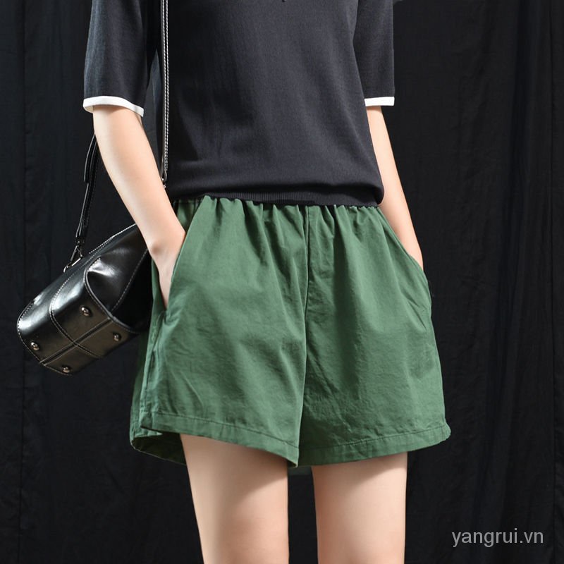 Quần Short Cotton Ống Rộng Lưng Thun Co Giãn Phong Cách Retro Dành Cho Nữ