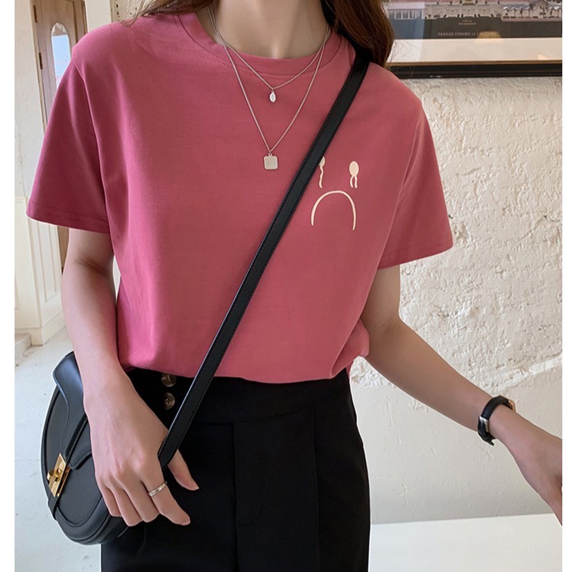 WANG JIAO ZHAN Áo thun nữ tay ngắn họa tiết mặt cảm xúc phong cách Hàn Quốc
