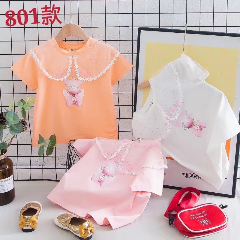 Áo thun bé gái bèo cổ/ áo cộc hình con gấu, áo thun ren bèo cổ