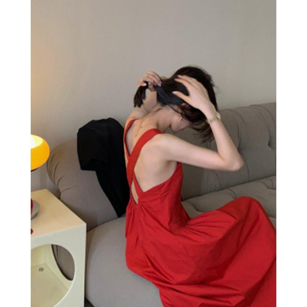 Đầm Dáng Chữ a Hai Dây Hở Lưng Màu Đỏ Phong Cách Pháp 2022 Thời Trang Đường Phố