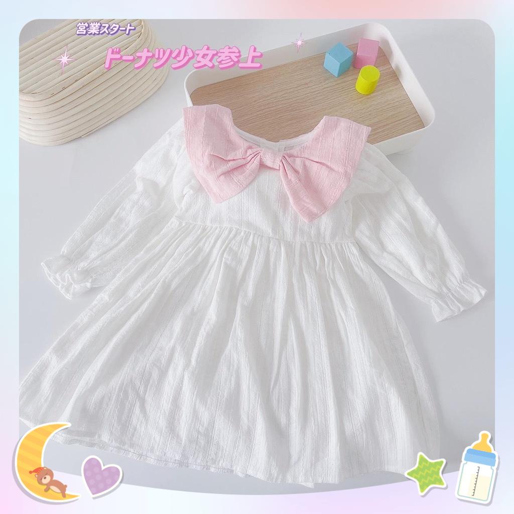 9-20kg  Váy thu dài tay phối nơ cổ hồng trắng cho bé gái siêu xinh chất liệu thô mềm mozikids