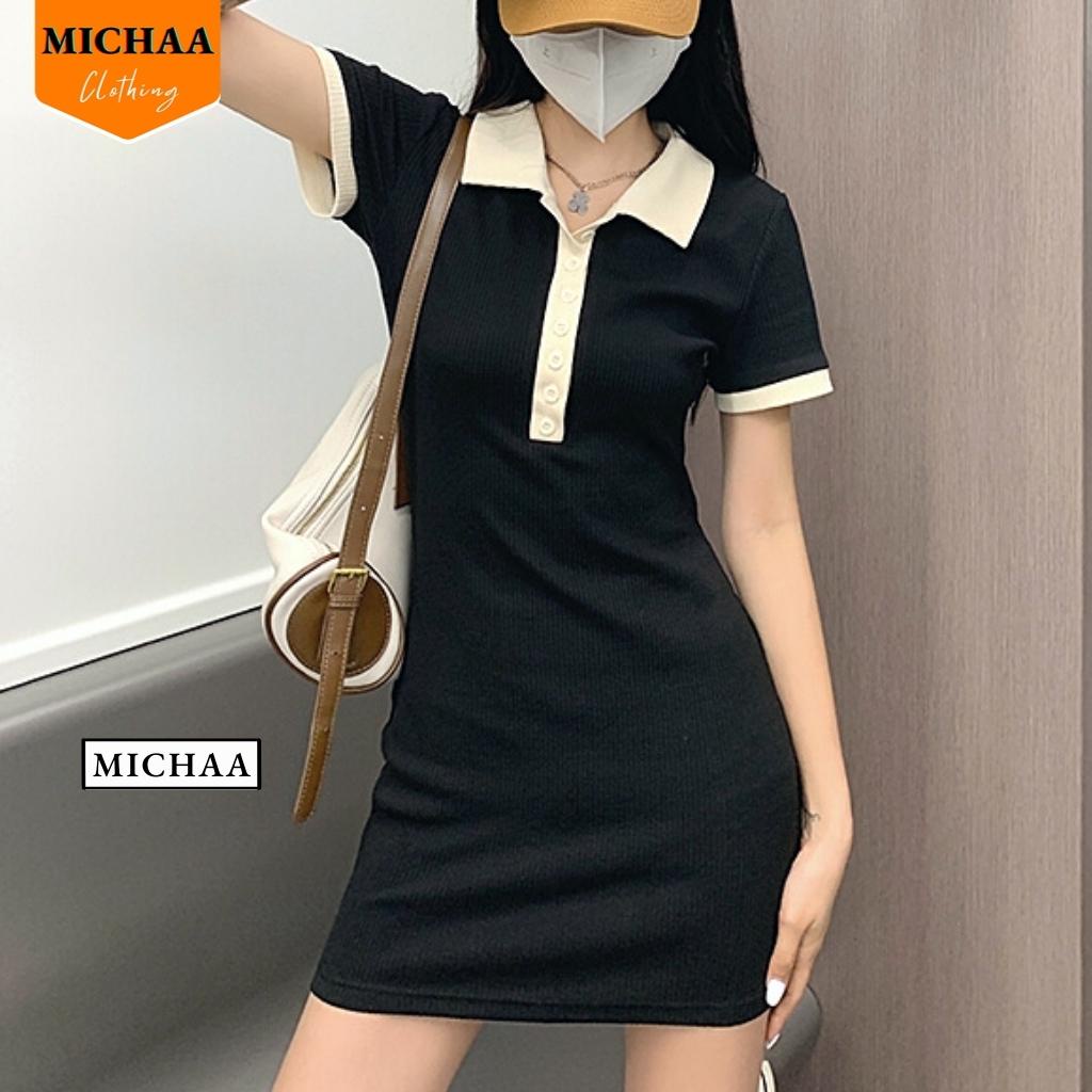 Đầm Váy Body CỔ POLO Phối Trắng Nữ Kiểu Tay Ngắn Dáng Ôm Body Tôn Dáng Đẹp - MICHAA