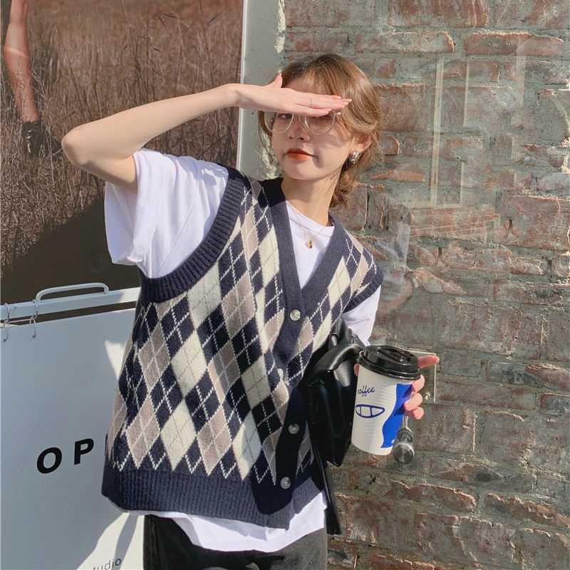 Áo len nữ không tay cổ chữ V màu sắc tương phản thời trang