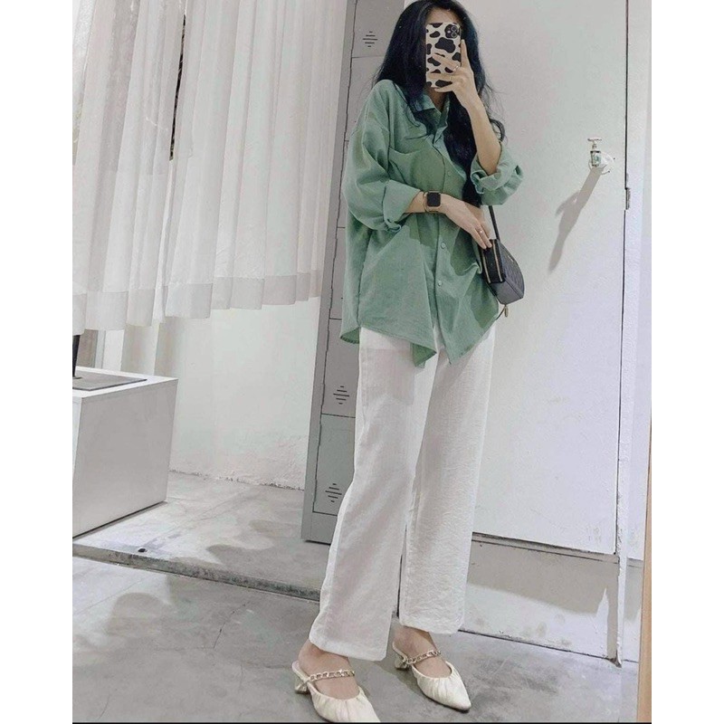 [Mã FAGREEN245 giảm 10% tối đa 30K đơn 99K] Sét đũi trắng cổ vét - bộ dài tay | BigBuy360 - bigbuy360.vn