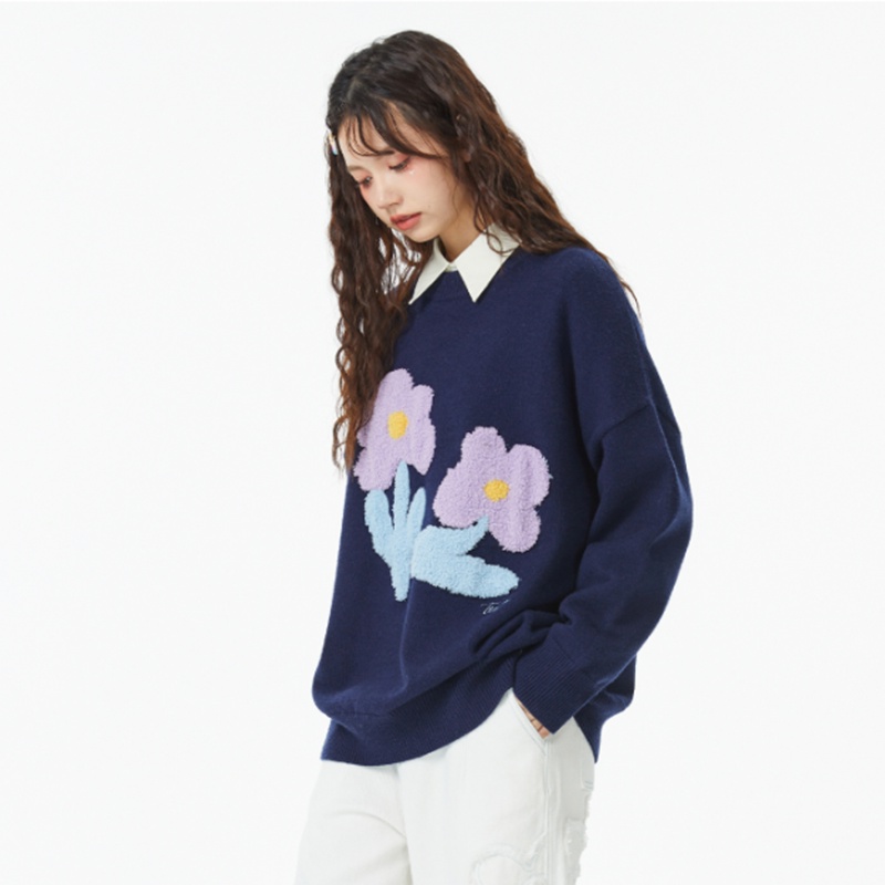 Áo sweater IELGY dệt kim cổ tròn in hoa phối màu tương phản dễ thương cho nữ