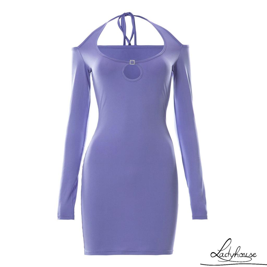 Đầm Ngắn Ôm Dáng Tay Dài Màu Trơn Hở Lưng Quyến Rũ Cho Nữ