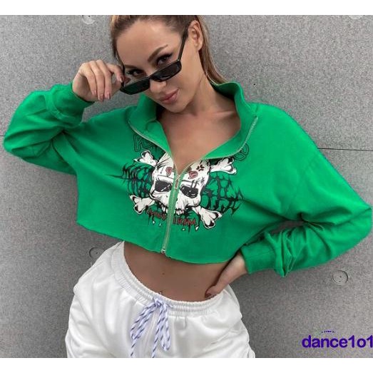 Áo Tay Dài Hoạ Tiết Đầu Lâu Phối Khoá Kéo Cho Phái Nữ