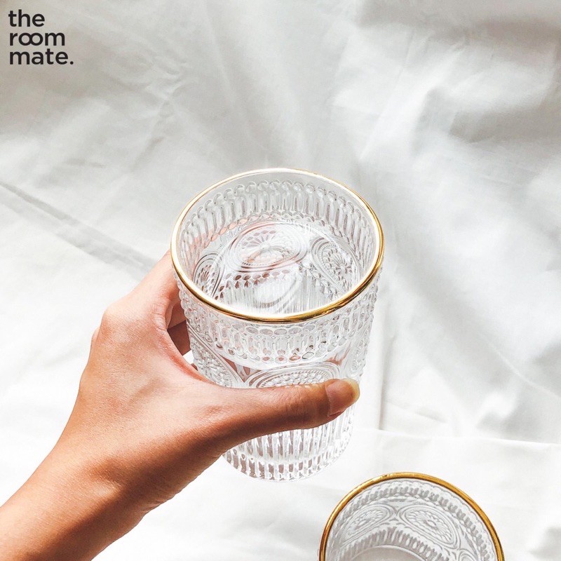 Bộ 6 cốc thủy tinh chịu nhiệt, họa tiết nổi, viền vàng | BigBuy360 - bigbuy360.vn