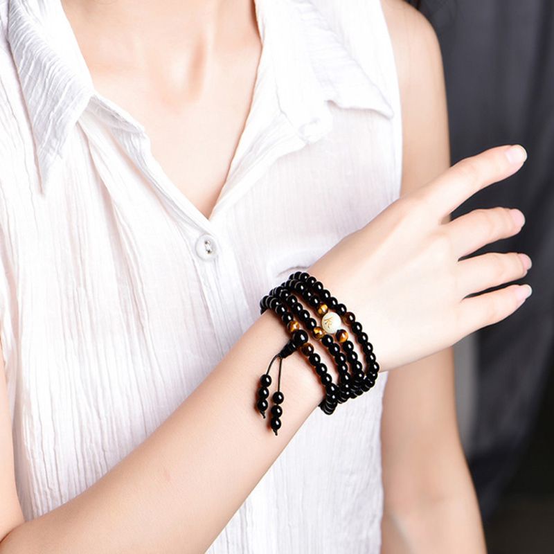 Vòng tay chuỗi 108 hạt đá obsidian màu đen hỗ trợ giấc ngủ tiện dụng