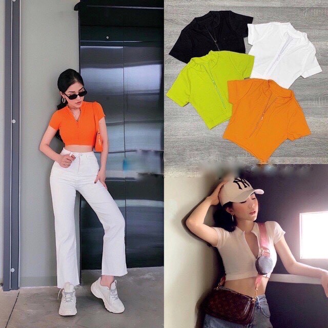 Áo thun tay ngắn nữ croptop phối dây kéo trước cổ trụ thấp cực xinh chất borip đẹp