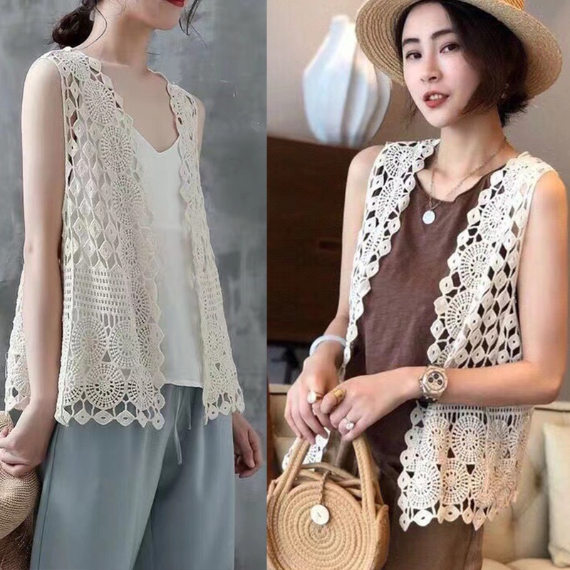 Brroa Áo Khoác Cardigan Không Tay Hở Trước Họa Tiết Hình Học Phối Ren Đính Kim Cương Phong Cách Bohemia Cho Nữ