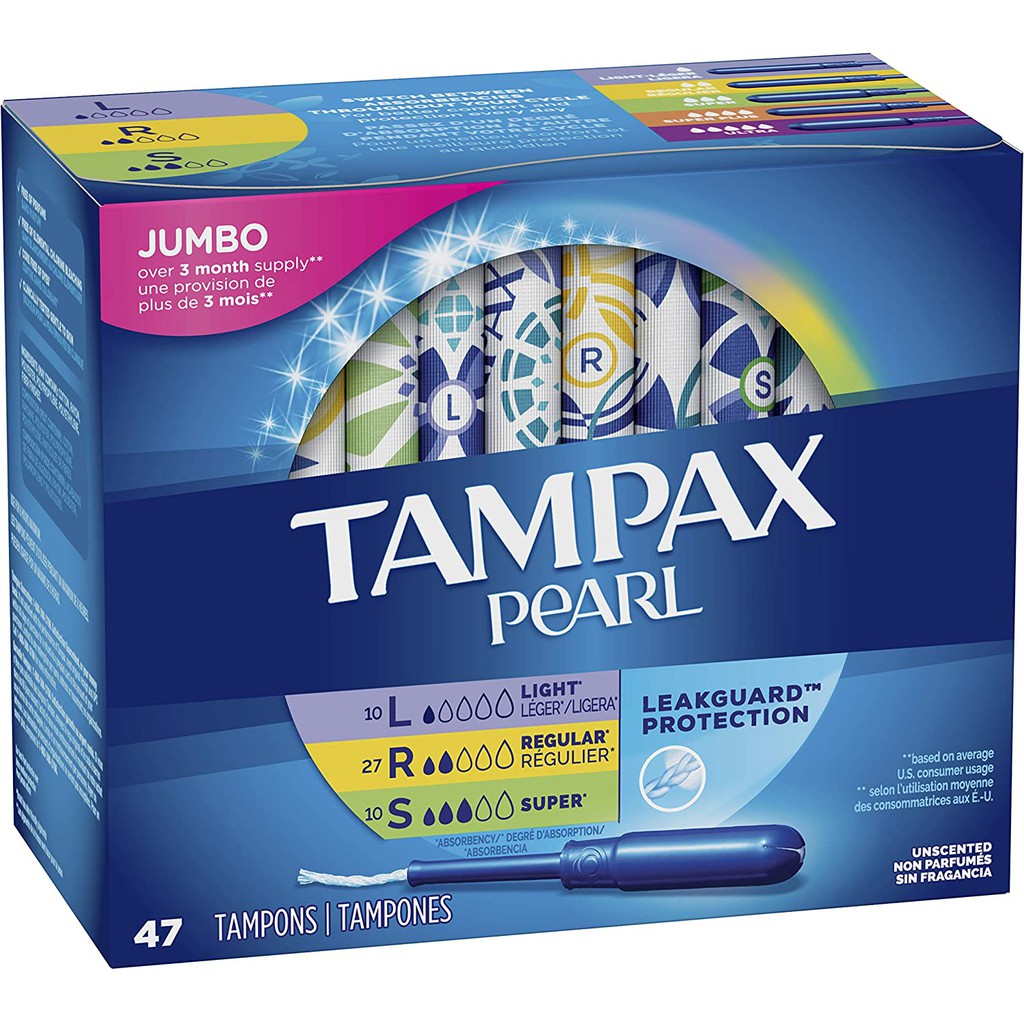 Băng vệ sinh dạng ống Tampons siêu thấm Tampax Pearl Light, Regular, Super 47 miếng