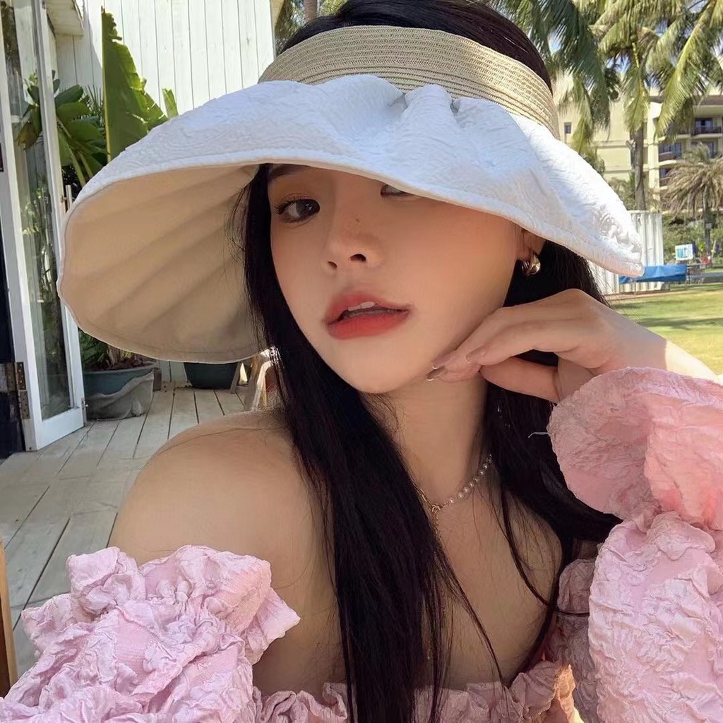 Mũ Cói Hở Đầu Phối Vải Hoa Văn 2 Mặt Vành Rộng P2137