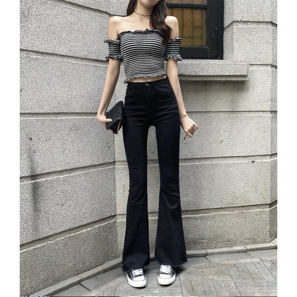 QUẦN ỐNG LOE KHÔNG GẤU ĐÔC ĐÁO QUẦN JEANS NỮ VẢI CO GIÃN TỐT LƯNG CAO ỐNG XOÈ