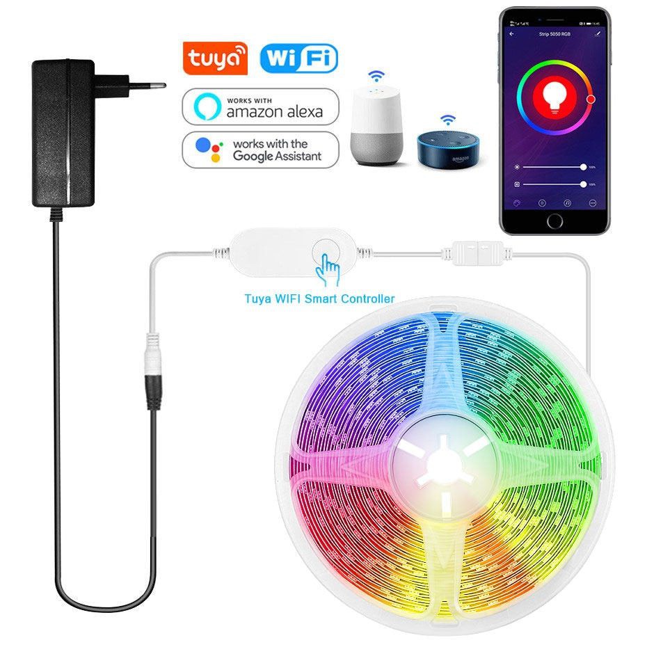 Cuộn LED dây RGB Tuya, dài 5m, đèn led 16 triệu màu, Đèn đổi màu tuya thông minh kết nối wifi, Led strip lights
