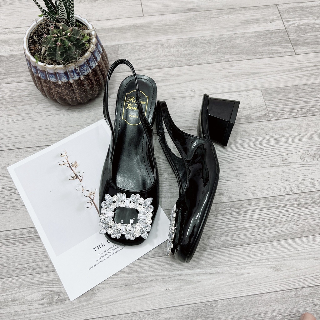 Giày sục cao gót nữ 3 phân guốc nữ mũi vuông gắn đá da mềm sang chảnh QM06