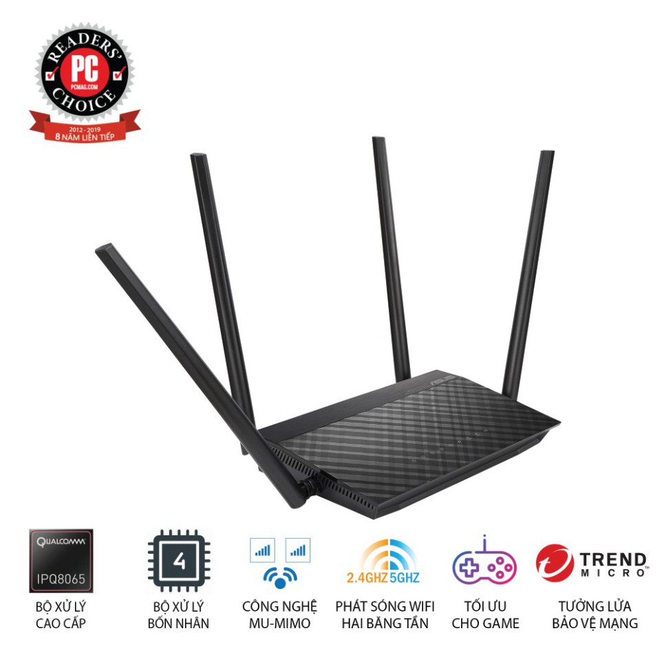 Router Wifi ASUS RT-AC1500UHP (Dũng Sĩ Xuyên Tường) Chuẩn AC1500 MU-MIMO, 2 băng tần, USB, Stream 4K