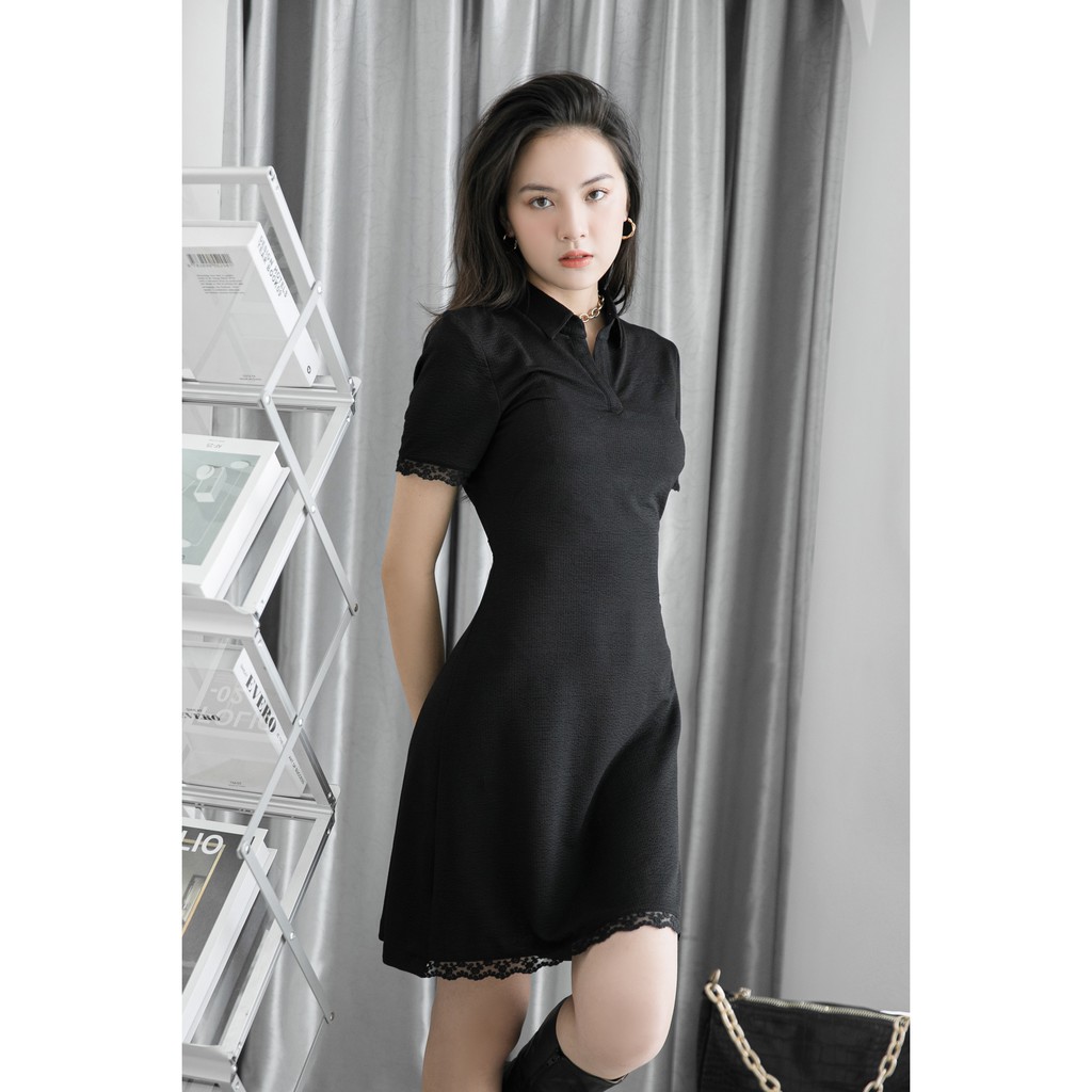 Đầm đen cổ Polo tùng A tay con OVERSIZED viền ren đen [VU10] | BigBuy360 - bigbuy360.vn