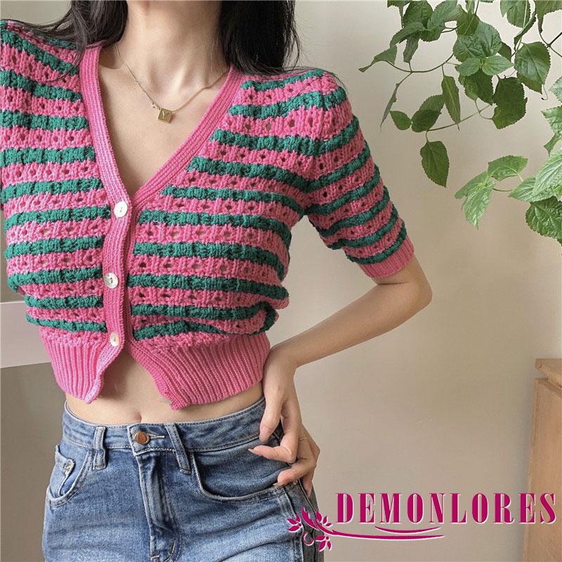Áo Cardigan Dệt Kim Tay Ngắn Cổ Chữ V Cài Nút In Họa Tiết Kẻ Sọc Thanh Lịch Cho Nữ