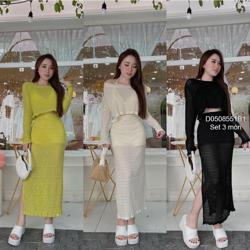 Set 3 món áo croptop áo bra kèm chân váy bút chì