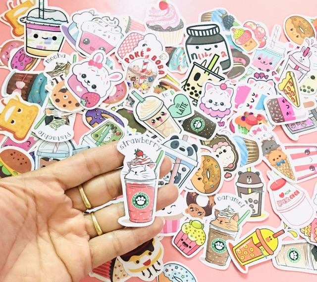 Sticker ly cốc kem bánh set 30-50 cái ép lụa/ hình dán bánh kem ly cốc nhiều mẫu