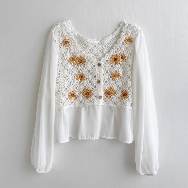 Áo Sơ Mi Tay Dài Phồng Thêu Hoa Phong Cách Pháp Ngọt Ngào Cho Nữ