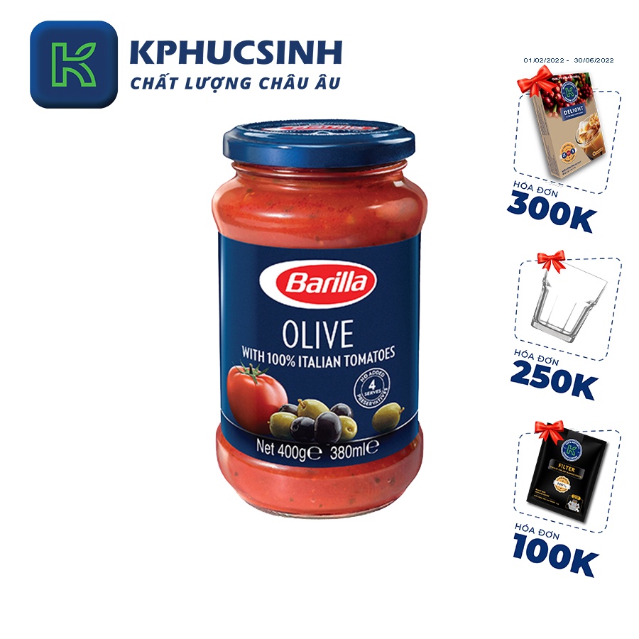 Sốt Barilla Olive 400g KPHUCSINH - Hàng Chính Hãng