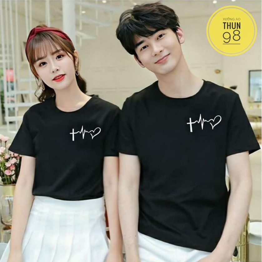Áo thun trắng đen unisex form rộng nam nữ in hình nhịp tim dày dặn, co giãn tốt