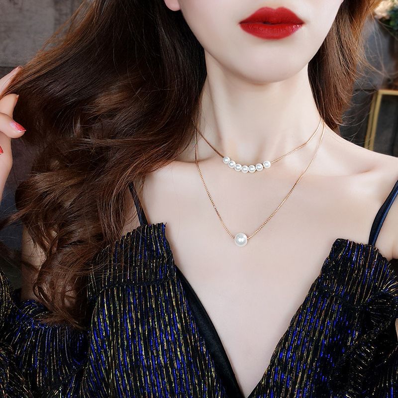 Dây Chuyền Hai Lớp Đính Ngọc Trai Sang Trọng Thời Trang Cho Nữ
