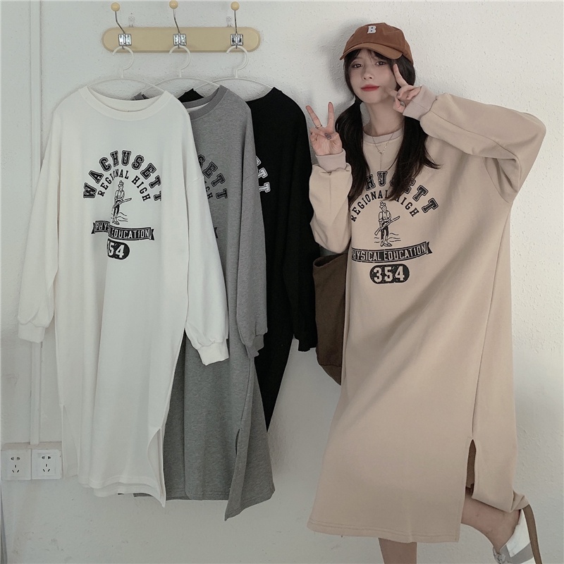 SUXI Đầm Midi Cổ Tròn Tay Dài Dáng Rộng In Chữ Thời Trang Xuân Thu Xinh Xắn Cho Nữ