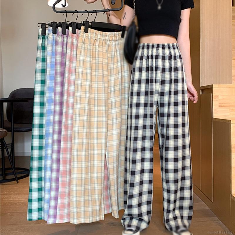 [Baywellfashion]Quần Dài Ống Rộng Họa Tiết Ca Rô Phong Cách Hàn Quốc Dành Cho Nữ