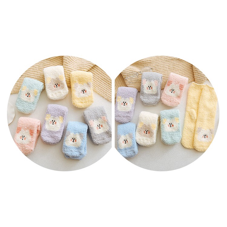 TLB14 Tất len bông cổ cao tất lông cừu trơn  hình gấu tông màu pastel nhã nhắn chất siêu dày giữ ấm