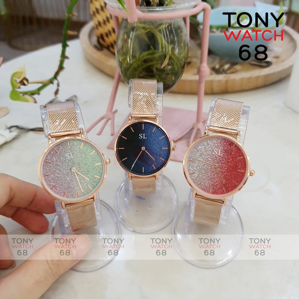 Đồng hồ nữ SL dây kim loại vàng hồng mặt nhũ 2 màu độc đáo chống nước chính hãng Tony Watch 68