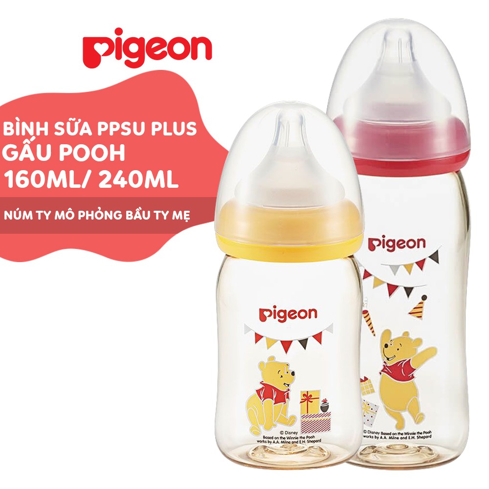 Bình sữa cổ rộng PPSU Plus Gấu Pooh Pigeon 240ml (M)