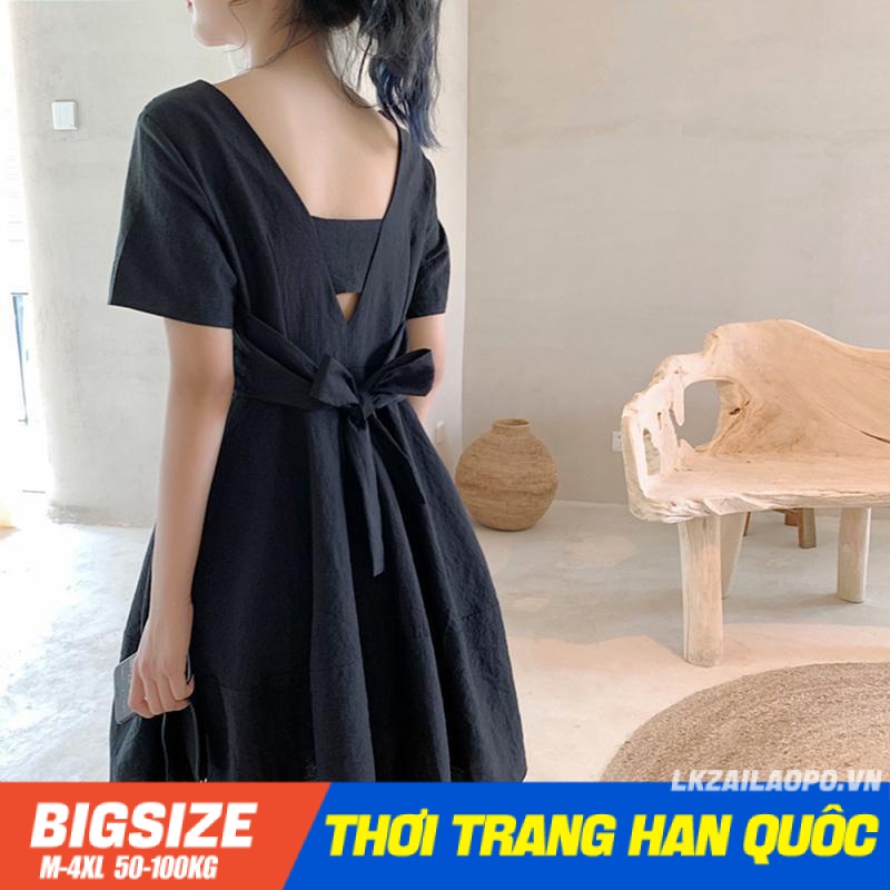 Đầm dáng suông Bigsize Váy nữ tay ngắn cổ vuông hở lưng Phối Nơ đen mùa hè Phong cách Hàn Quốc Thời Trang tiểu thư cá tính xinh đẹp cho người mập béo