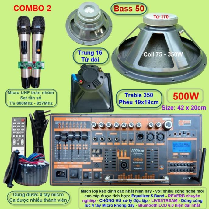 Mạch loa kéo 5 tấc đơn 3 đường tiếng  500W Reverb chống hú DSP Livestream Equalizer 5 Band  kèm 2 tay Micro