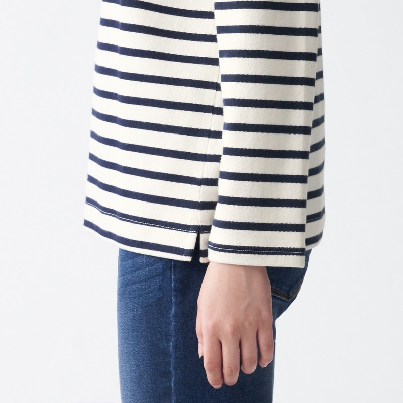 Muji Áo Thun Vải Jersey Sợi Dày Dài Tay-Sọc