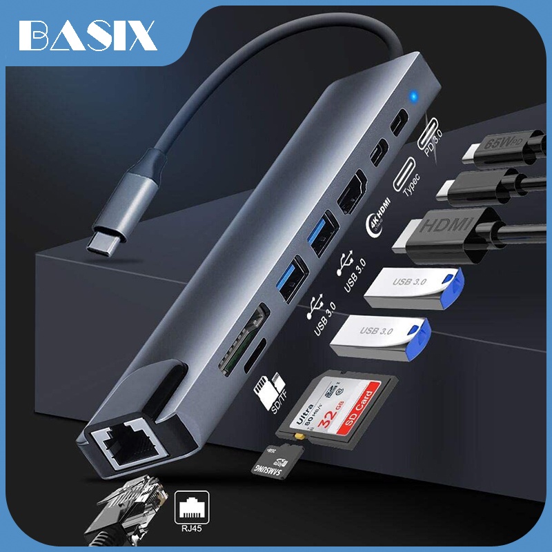 Bộ chia cổng USB C HUB 8 trong 1 với cổng PD RJ45 Ethernet 4K HDMI TF/SD cho laptop táo