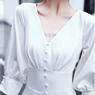 Đầm váy đi tiệc trắng nút bọc bo eo (kèm hình thật)