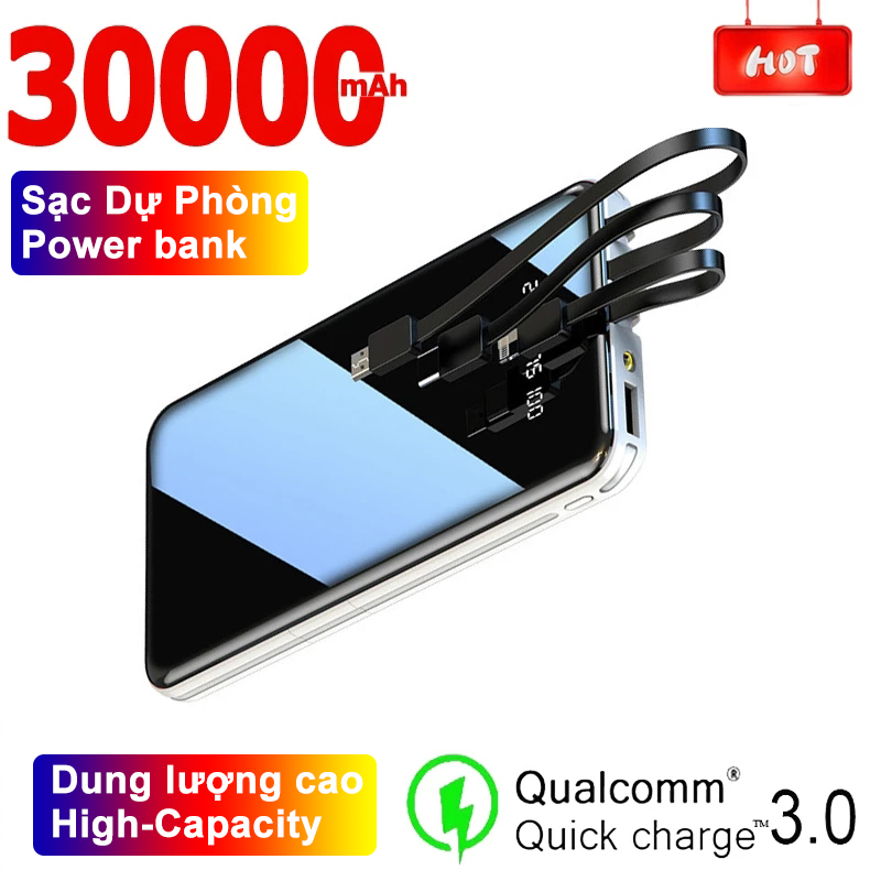 Pin sạc dự phòng 30000mAh di động đi kèm với ba đường dữ liệu, dung lượng cao sạc nhanh sạc dự phòng Power bank