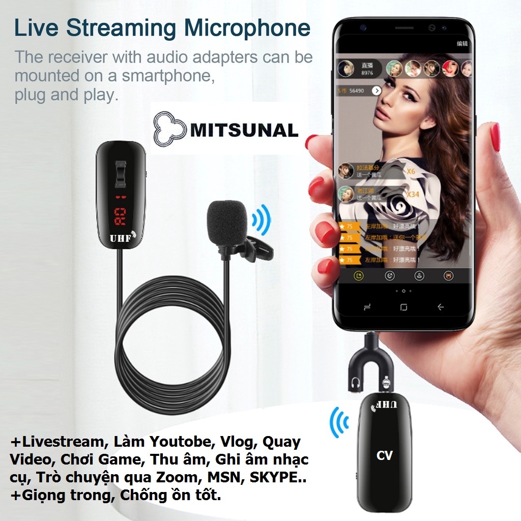 MICRO THU ÂM cài áo không dây Livestream,Thu âm, quay video từ xa tương thích điện thoại, PC, Laptop Cắm jack 3,5mm