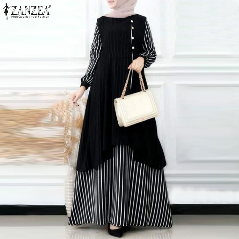 Zanzea Đầm Maxi Tay Dài Cổ Tròn Họa Tiết Kẻ Sọc Phong Cách Châu Âu Thời Trang Cho Nữ