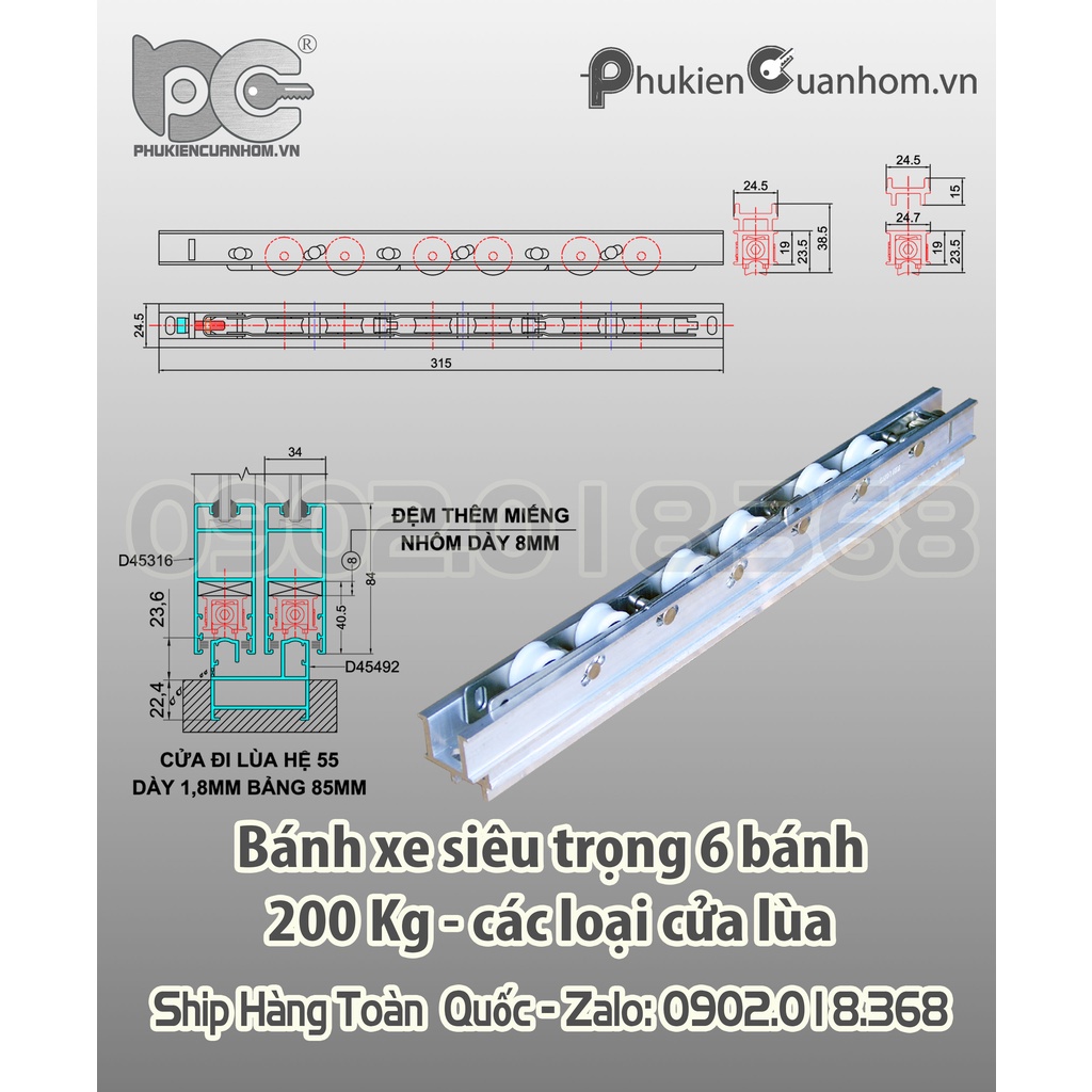 BÁNH XE 6 BÁNH CHỊU TẢI 200KG CHO CỬA ĐI LÙA